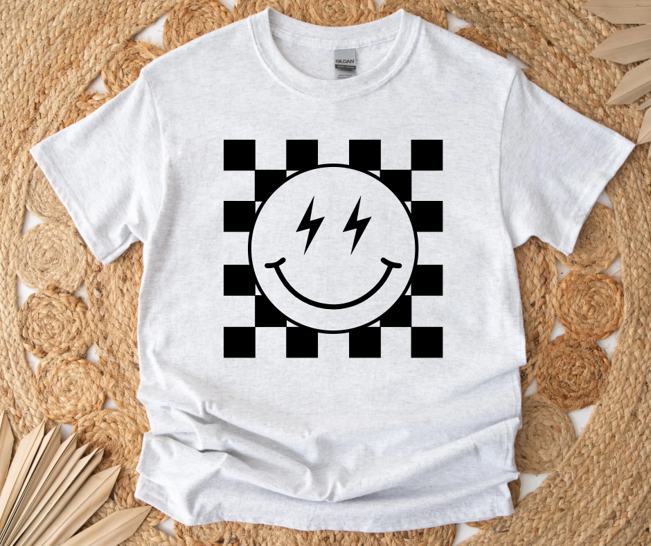 Smiley Checkered Tee (Sublimation Mockup Tee on Ash Grey)