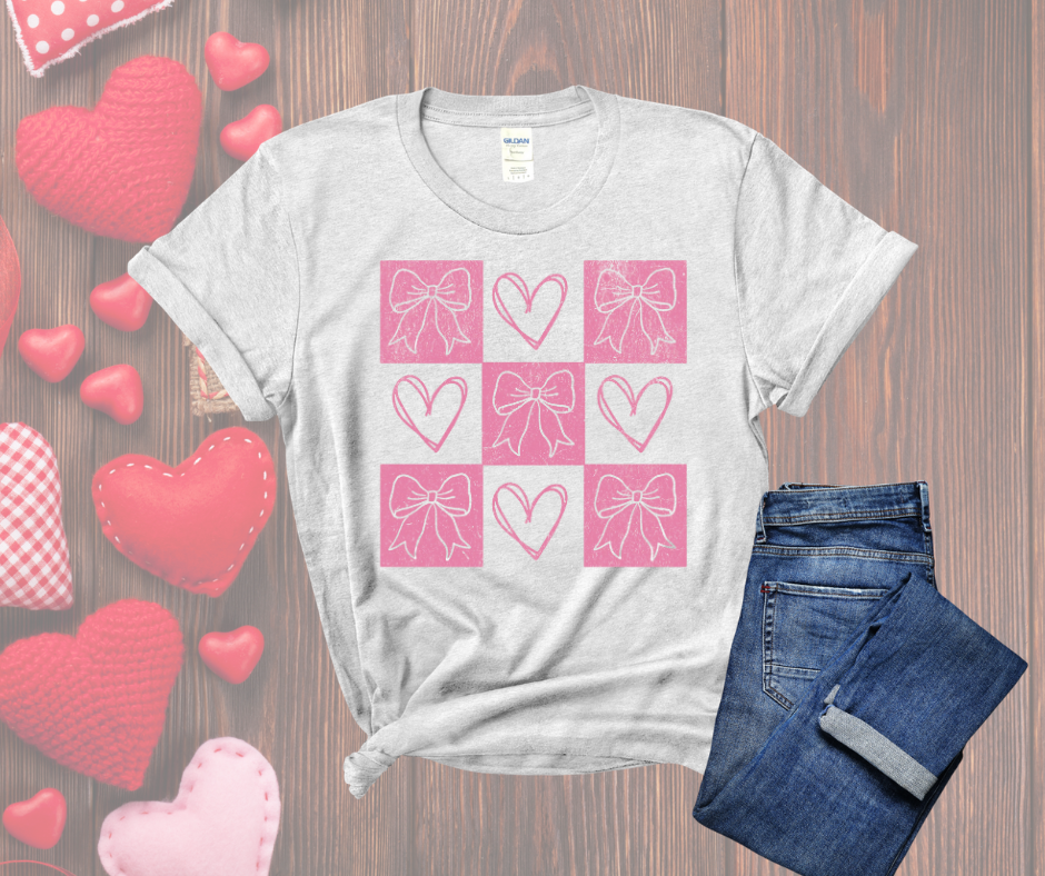 Heart and Bow Checkered Ash DTF Tee
