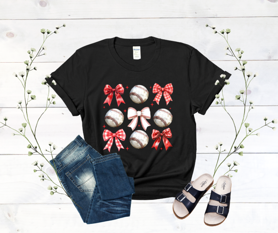 Baseball Red Bow Black DTF Tee