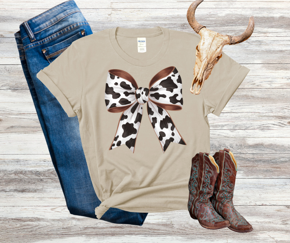Cow Print Bow DTF Tee