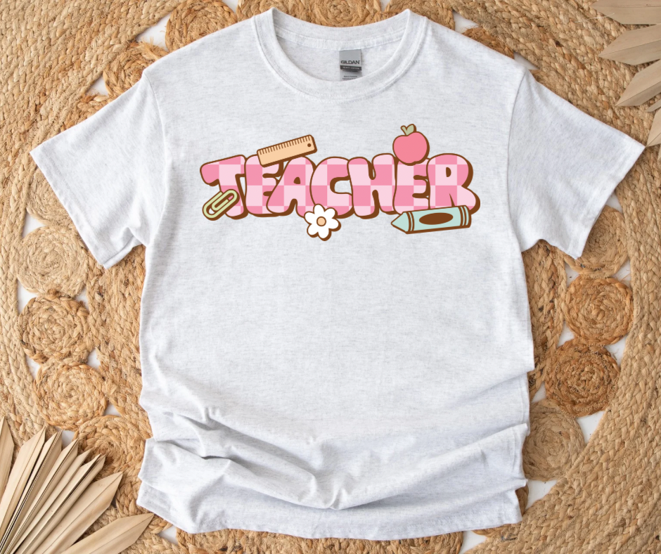 Pink Checkered Teacher Tee (Sublimation Mockup on Ash Grey)