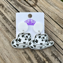 Load image into Gallery viewer, Cow Print Cowboy Hat Dangle Earrings
