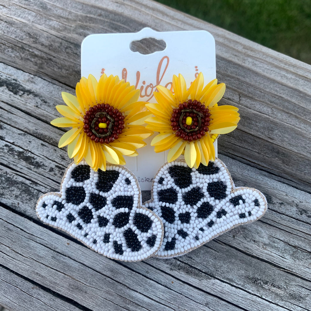 Cow Print and Sunflower Cowboy Hat Beaded Earrings