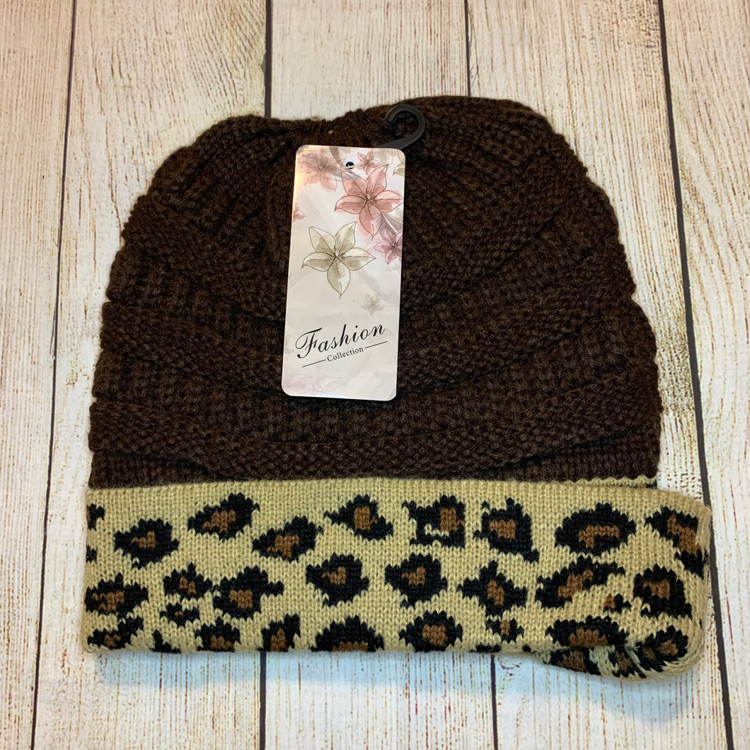 Brown Leopard Ponytail Beanie
