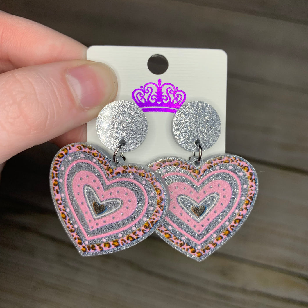 Silver Leopard Heart Earrings