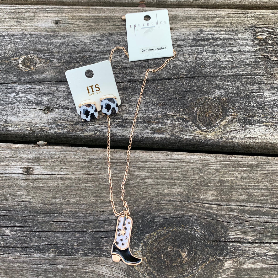 Cow Print Earring and Boot Necklace Set