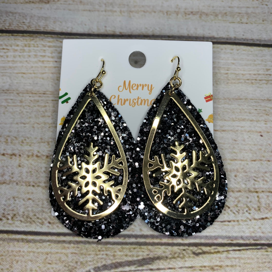 Black Glitter Snowflake Earrings